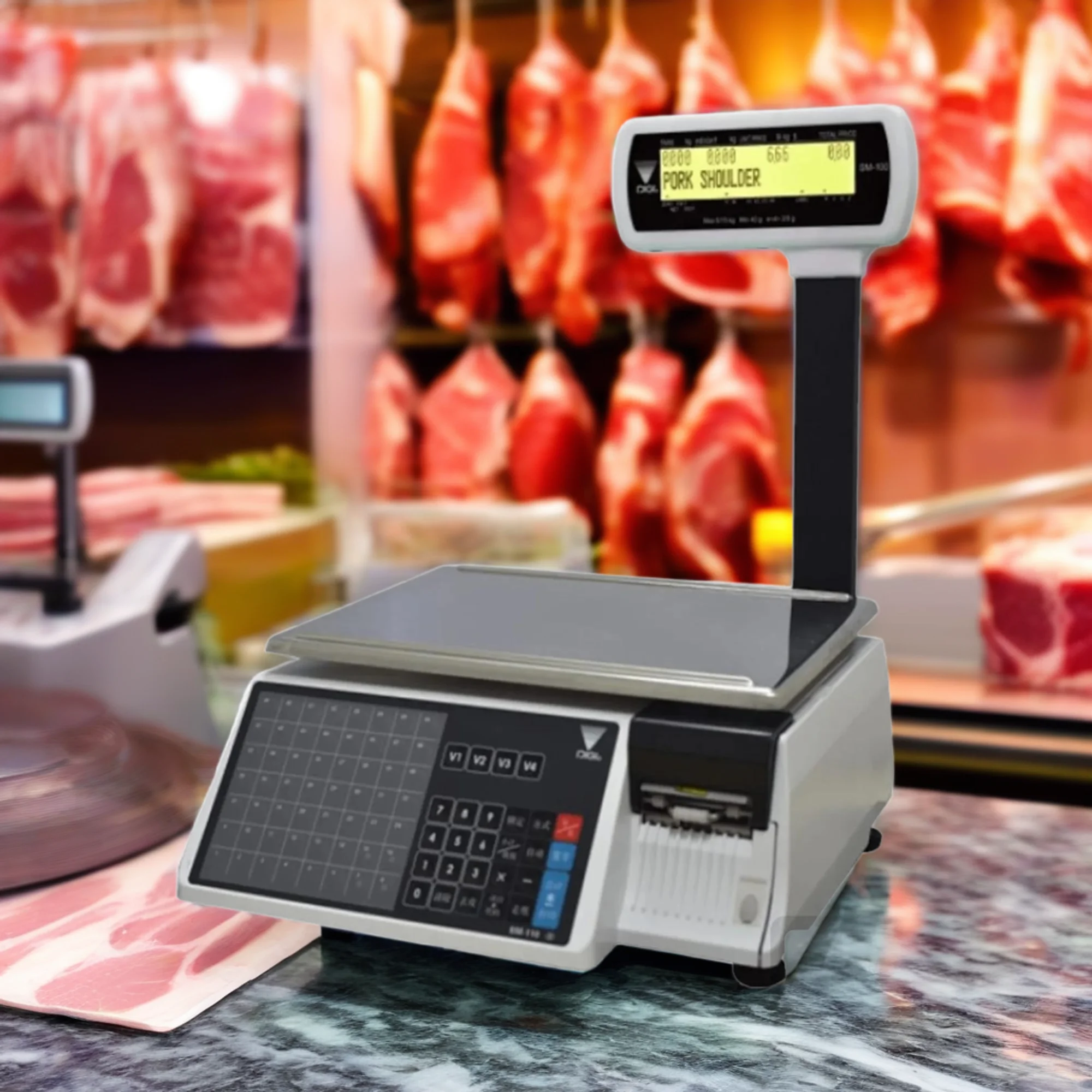 Balanza Tipificadora DIGI SM-110+PCS en mostrador de carniceria